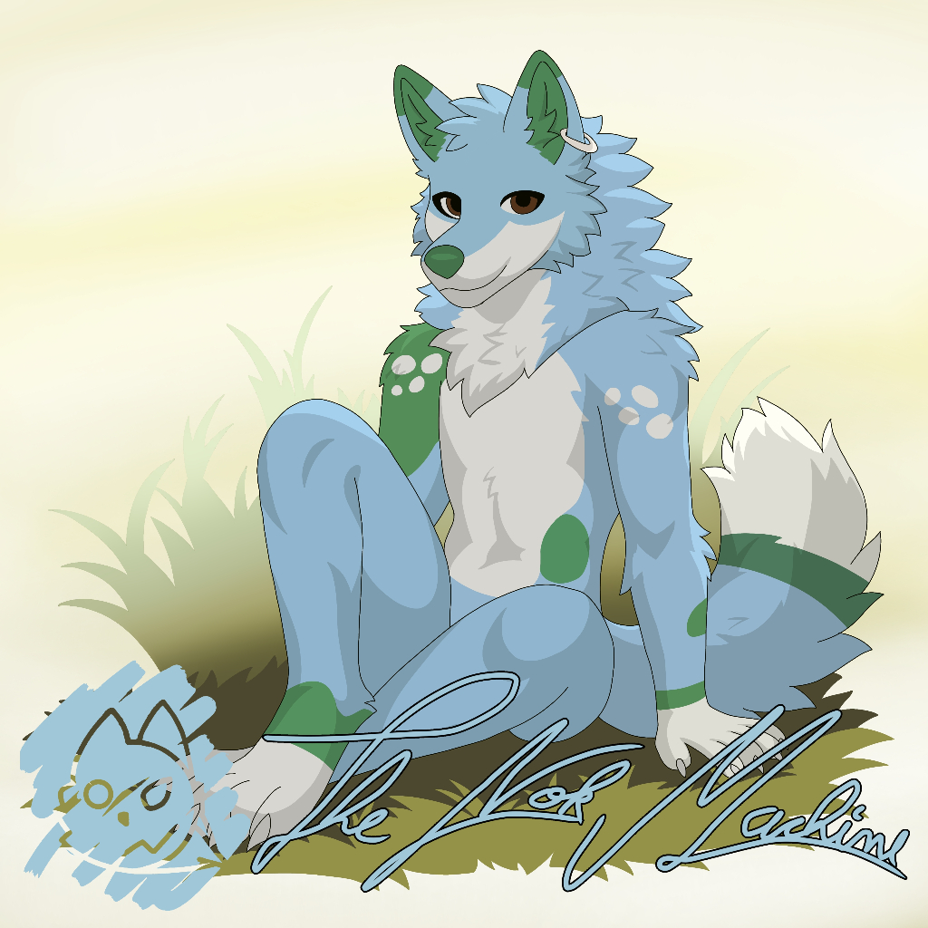 Blue and white wolf with green pattern and white spot sitting in some grass