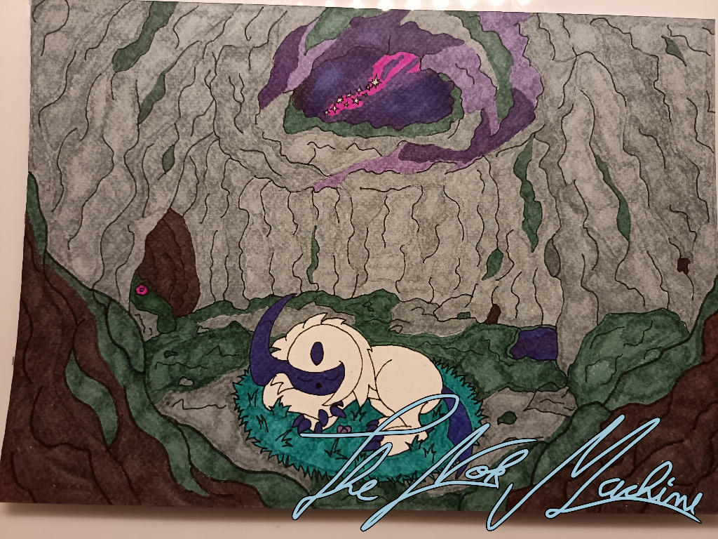 Alcohol pencil drawing of absol sleeping on some grass in a cave with a hole in the ceiling 