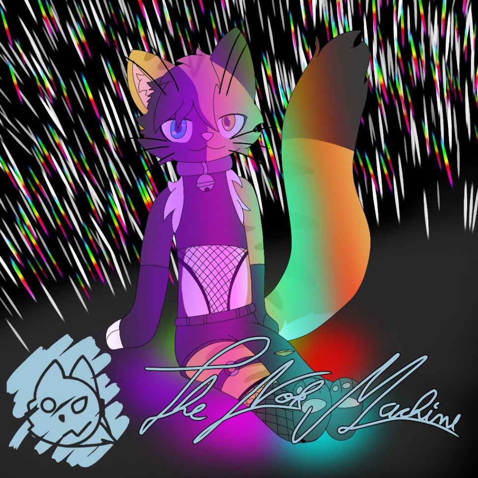 Bau, an anthropomorphic cat, sitting in the black ground, with neon light projecting on them while the background is shooting stars. 