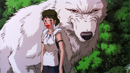 a gif from the movie Princess Mononoke. San has blood on her face, and spits out a stream of blood. A giant wolf is behind her