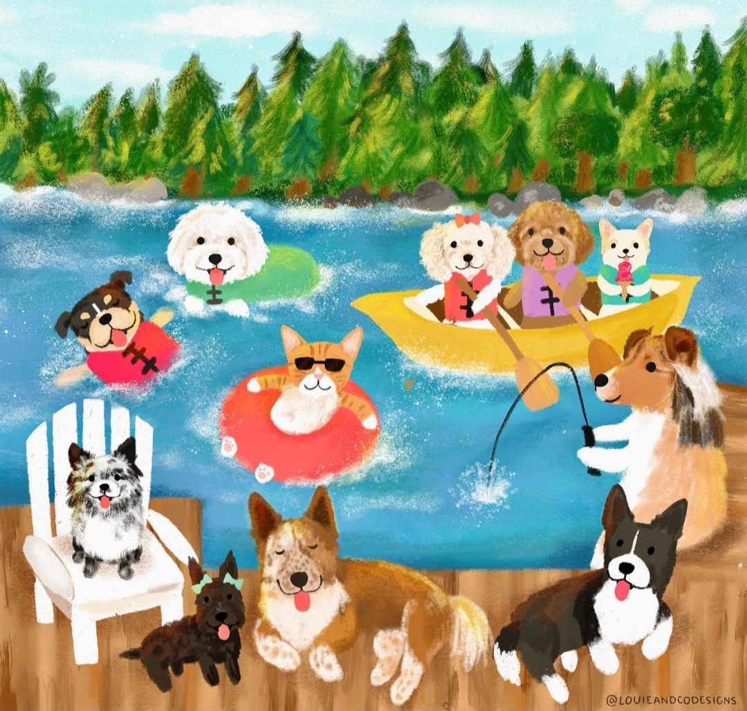 Art of multiple dog breeds by a lake some in boats some relaxing on side