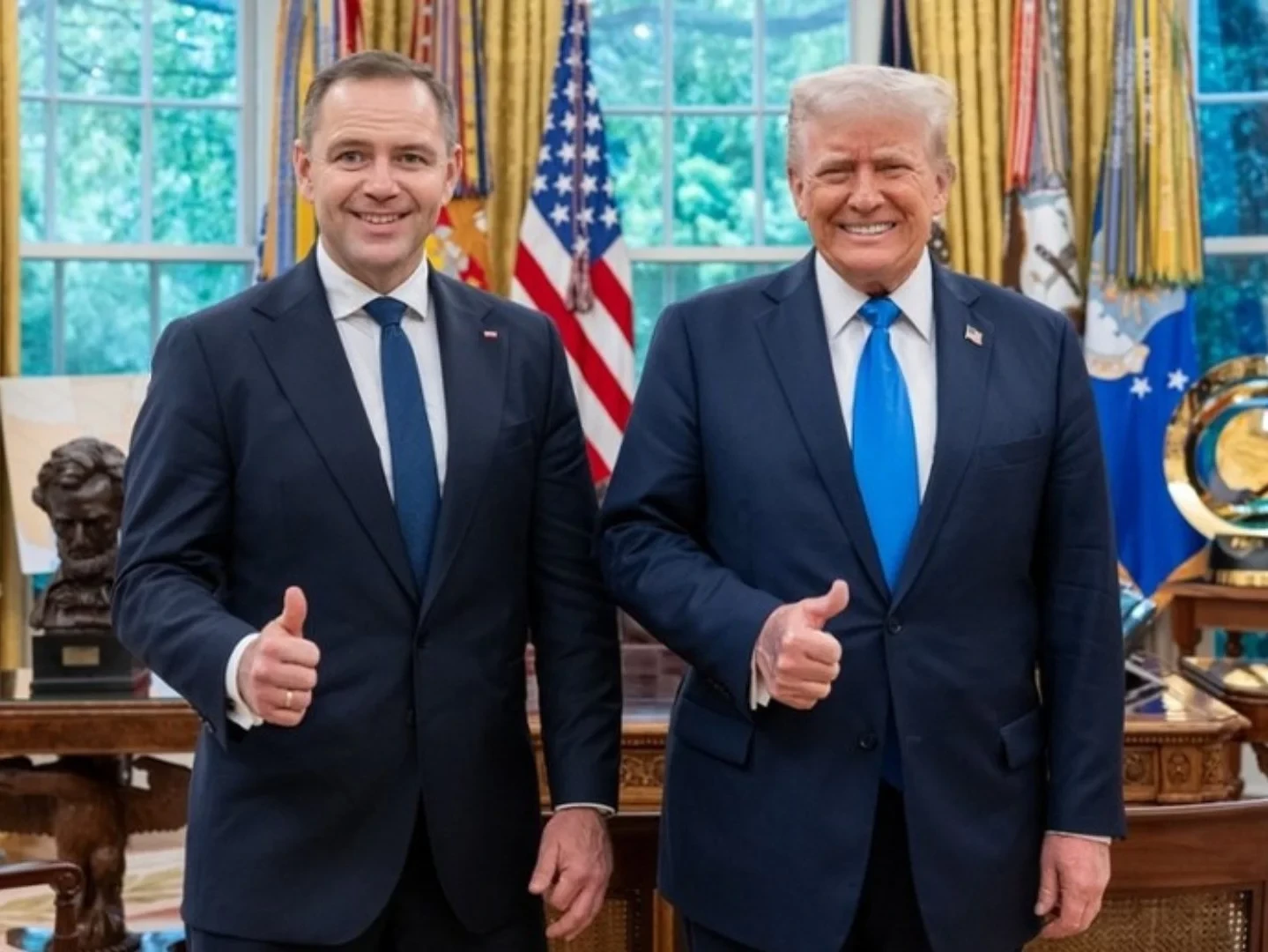Photograph of Donald Trump and Polish President Karol Nawrocki in the White House oval office, both showing a thumbs up gesture.