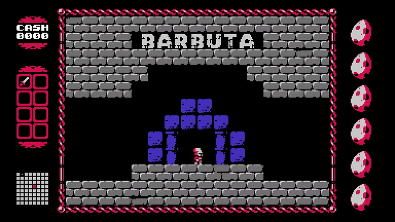 A recording of Barbuta gameplay, right at the start of the game. The protagonist triggers the falling ceiling trap but catches it with their hands. Text above them states "not today".