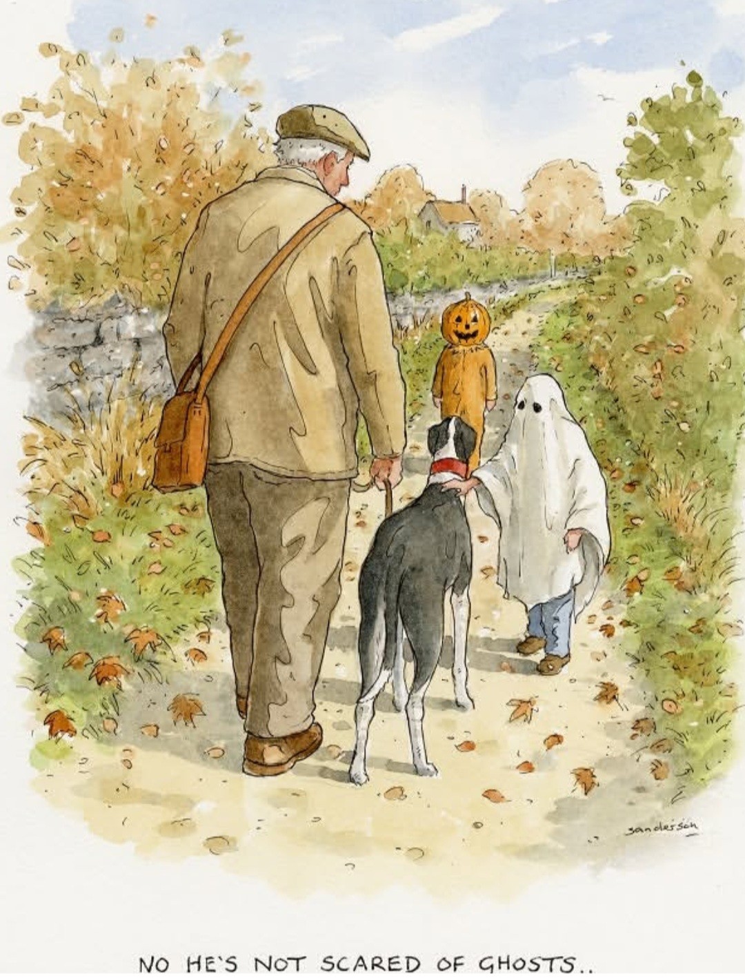 Watercolour of man walking sheepdog child dressed as ghost stroking iy