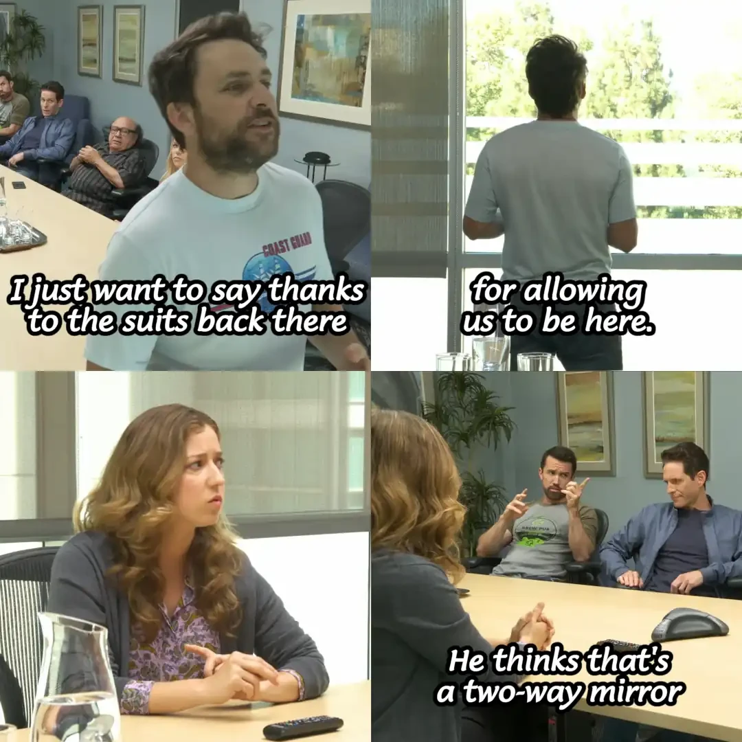 Panels 1/2: Charlie looking out of a window and saying "I just want to say thanks to the suits back there for allowing us to be here." Panel 3: Moderator looking confused. Panel 4: Mac saying "He thinks that's a two-way mirror"