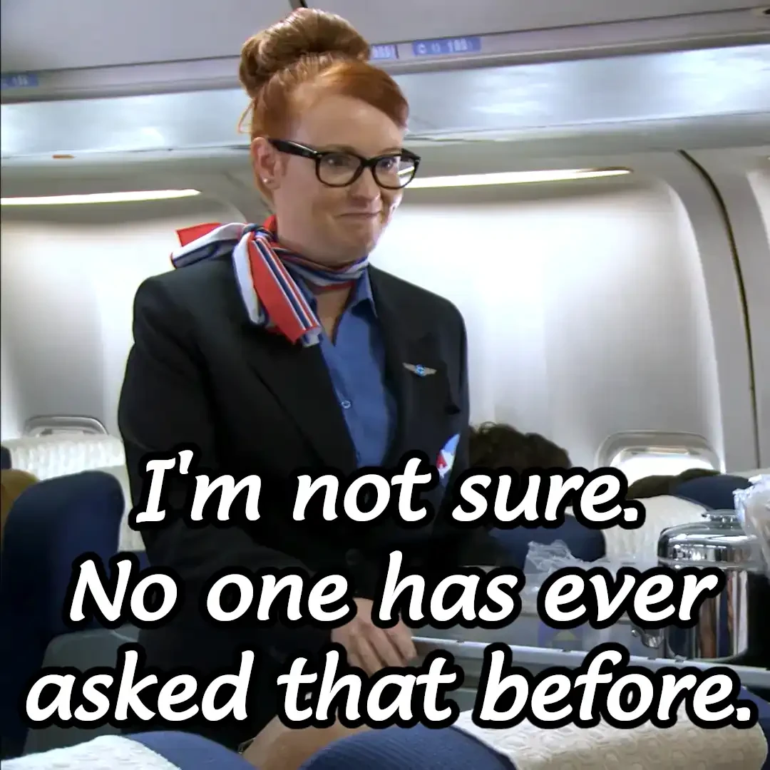 Flight attendant saying "I'm not sure. No one has ever asked that before."