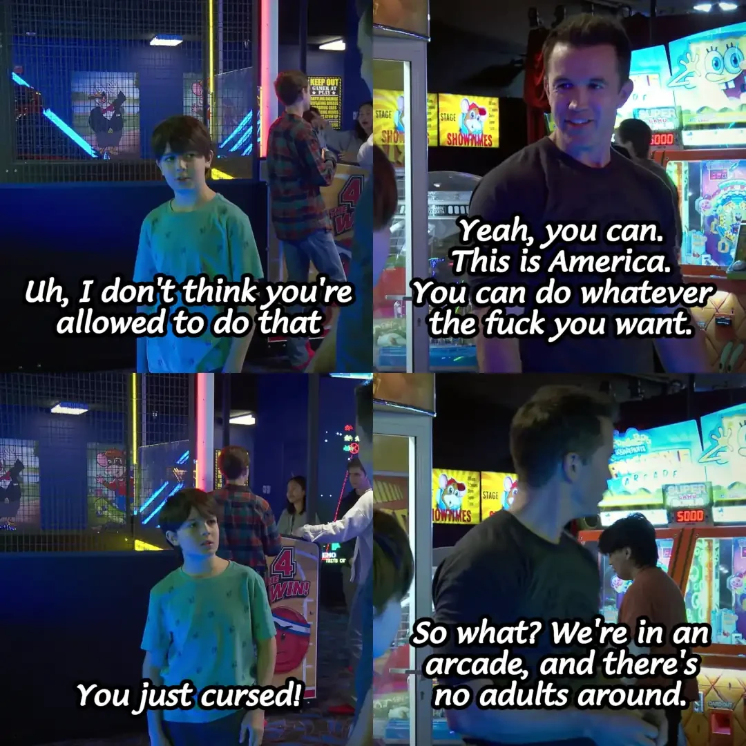 Panel 1: Child says "Uh, I don't think you're allowed to do that." Panel 2: Mac says "Yeah, you can. This is America. You can do whatever the fuck you want." Panel 3: Child says "You just cursed!" Panel 4: Mac says "So what? We're in an arcade, and there's no adults around."