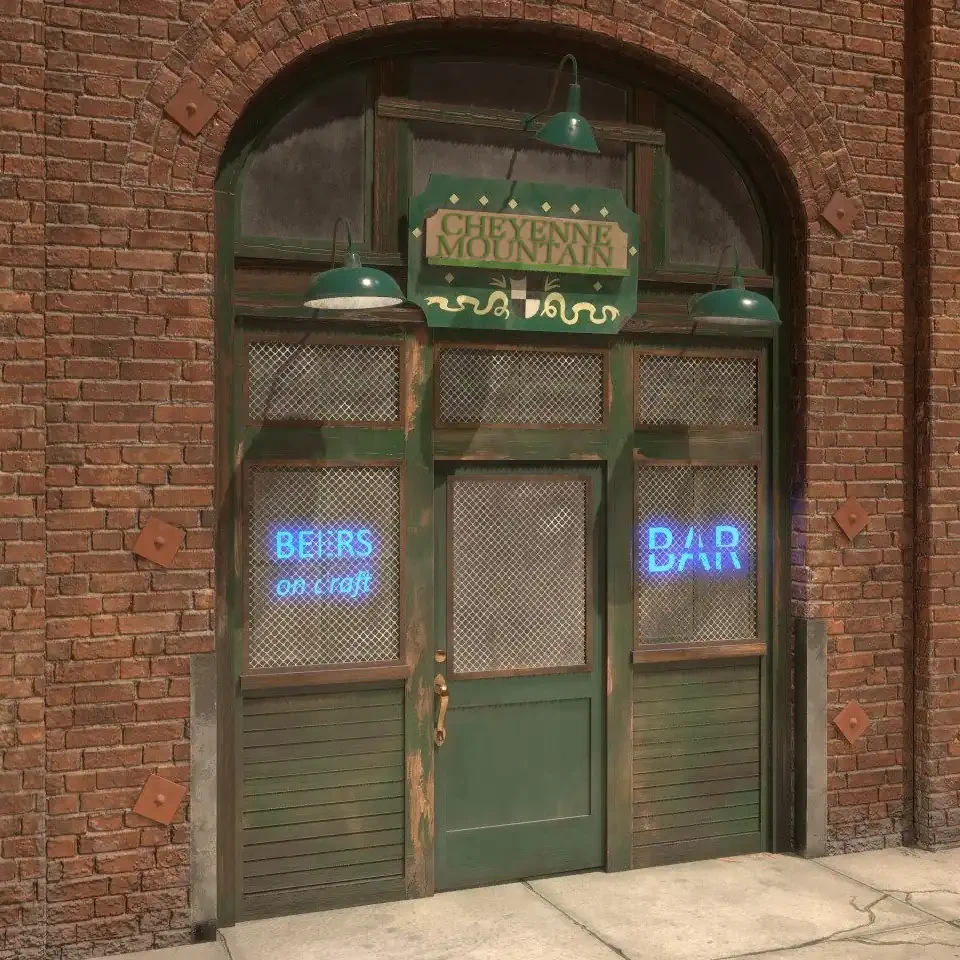 Entrance to Paddy's Pub, with the sign altered to read "Cheyenne Mountain"