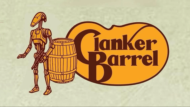 Cracker Barrel logo edited to read "Clanker Barrel." A Star Wars battle droid stands in place of the man.