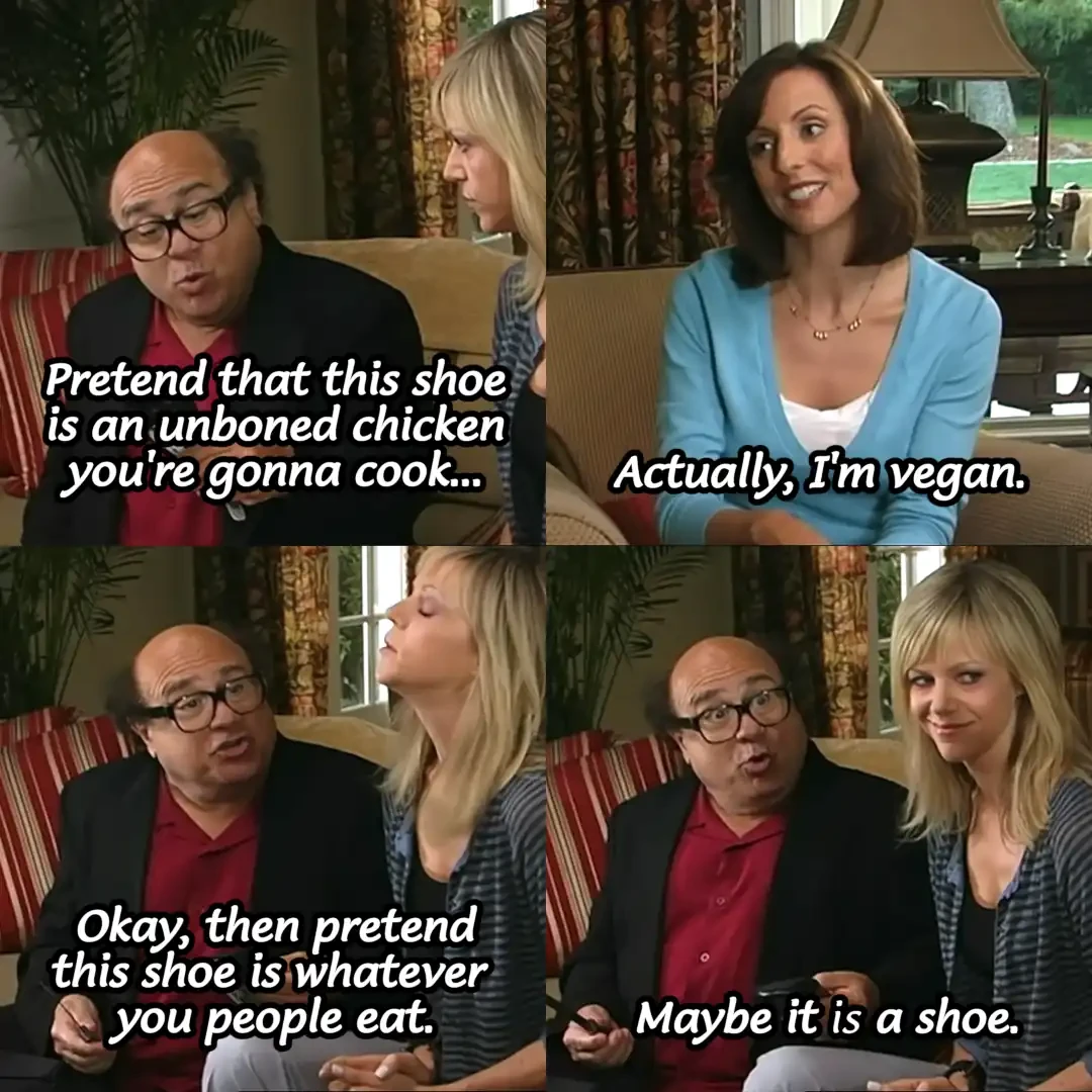 Panel 1: Frank saying "Pretend that this shoe is an unboned chicken you're gonna cook..." Panel 2: Stranger saying "Actually, I'm vegan." Panel 3: Frank saying "Okay, then pretend this shoe is whatever you people eat." Panel 4: Frank saying "Maybe it is a shoe."