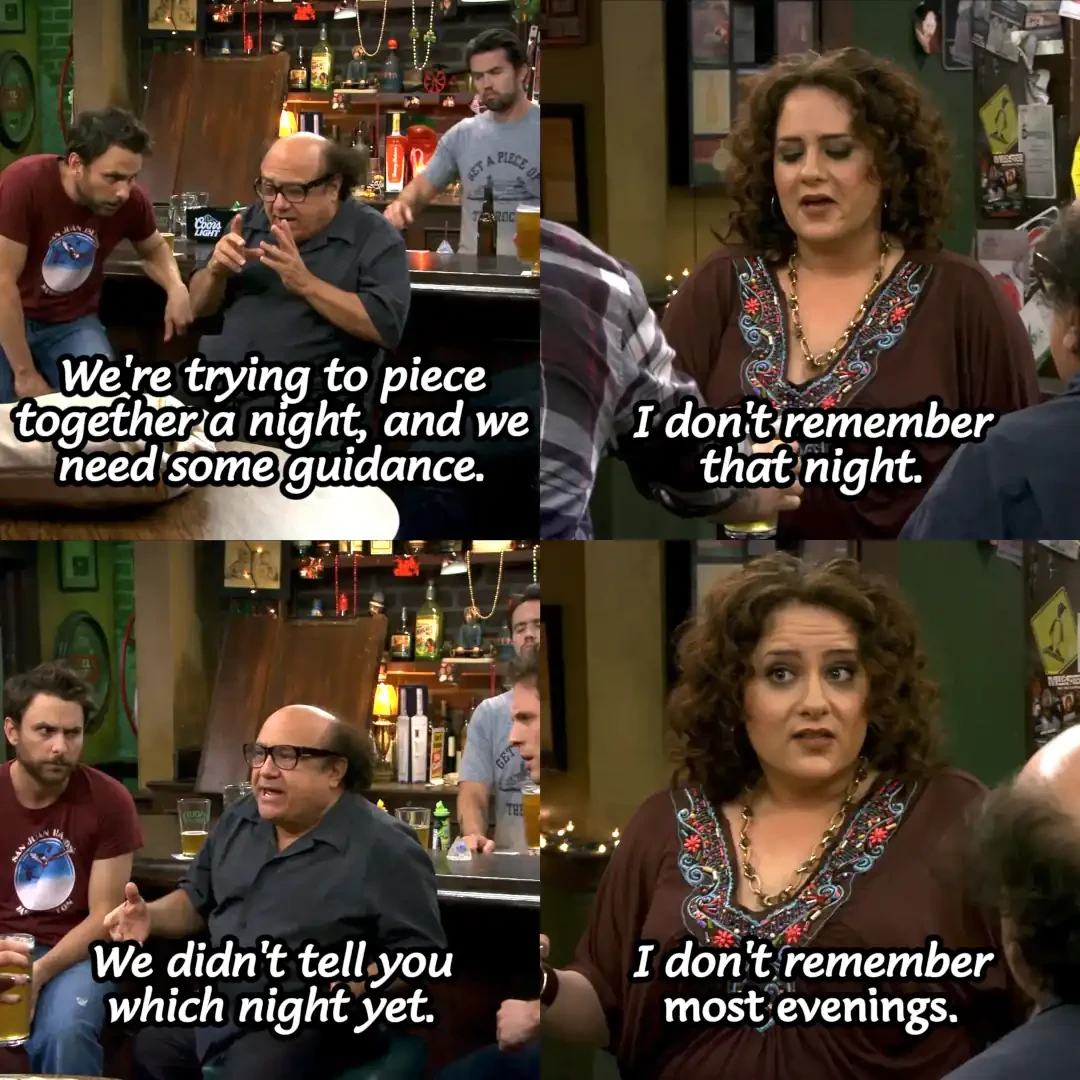 Panel 1: Frank saying "We're trying to piece together a night, and we need some guidance." Panel 2: Artemis saying "I don't remember that night." Panel 3: Frank saying "We didn't tell you which night yet." Panel 4: Artemis saying "I don't remember most evenings."