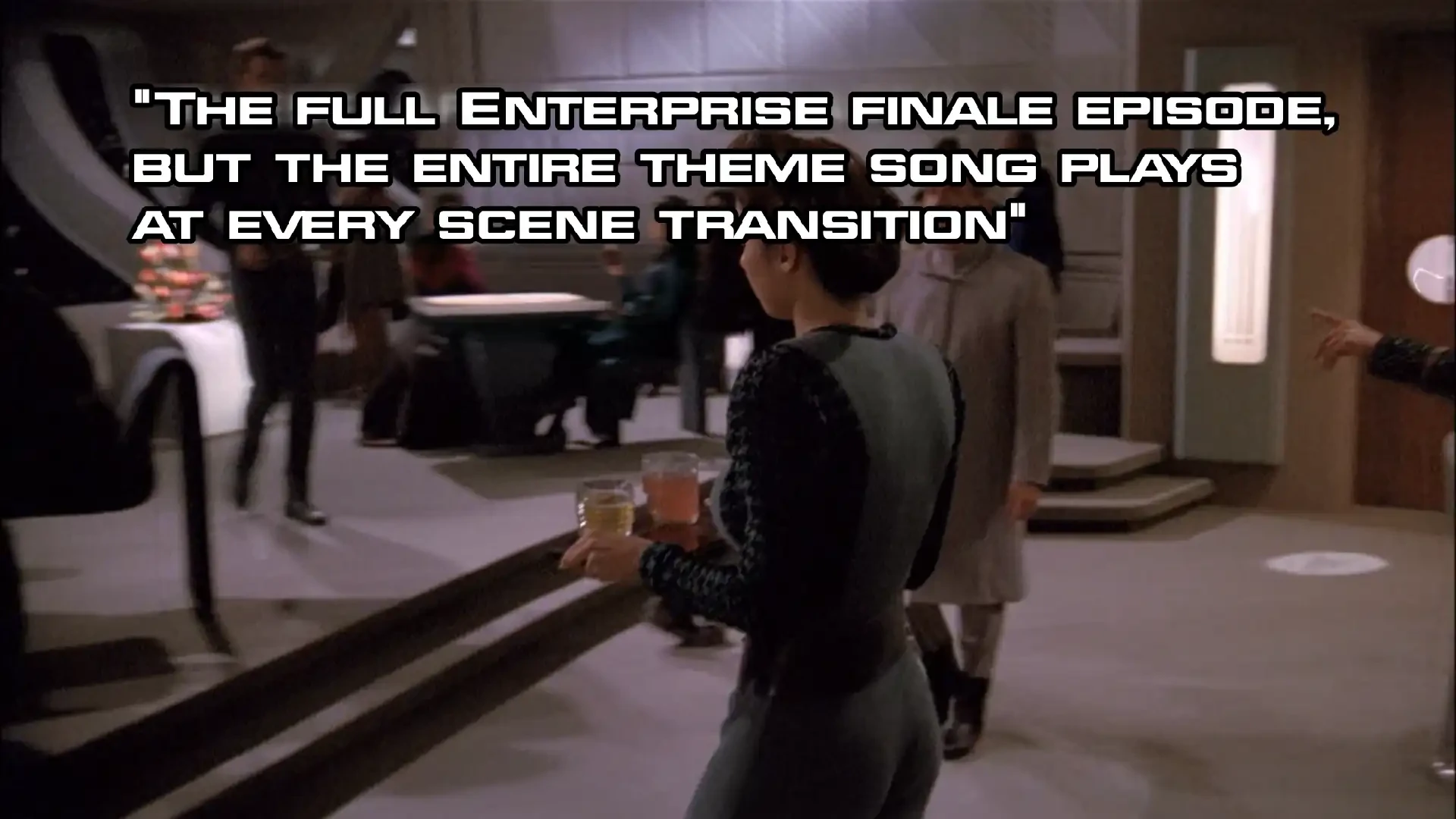Screenshot of the Star Trek: Enterprise finale with the episode title "The full Enterprise finale episode, but the entire theme song plays at every scene transition"