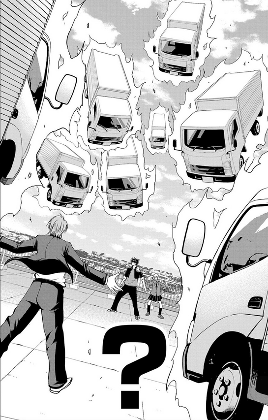 A swarm of heavenly trucks raining down on a school rooftop