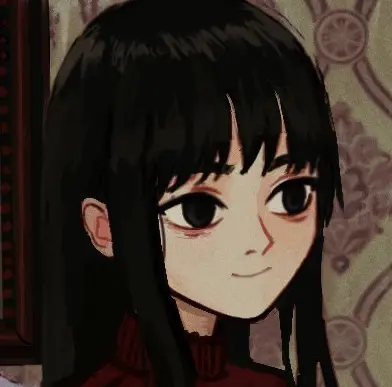 a drawing of a girl smiling, eye bags below her eyes, and she looks quite dazed and lost in though
