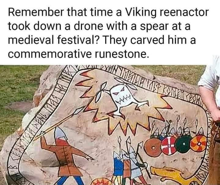 Commemorative runestone for drone takedown with a spear