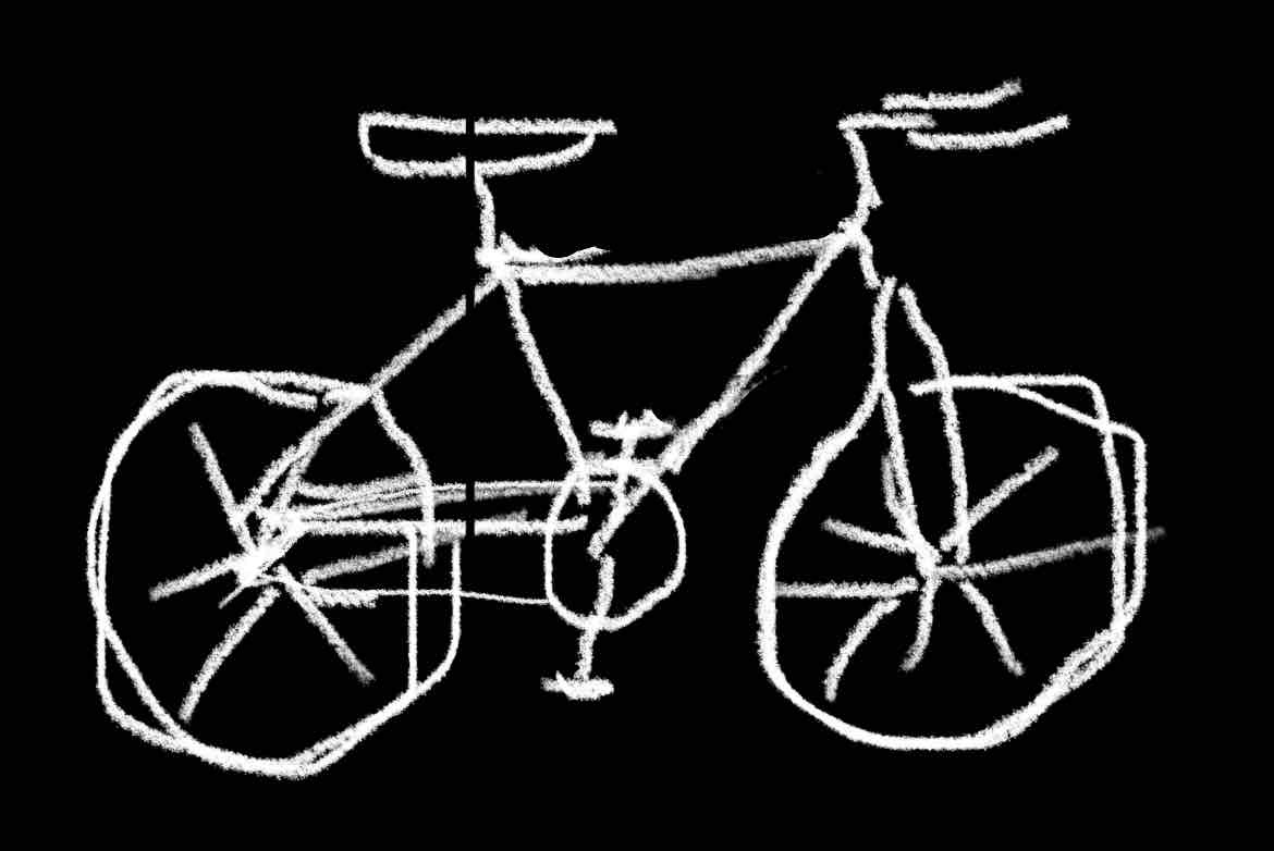 black background and a white illustration of a simple bicycle sketch
