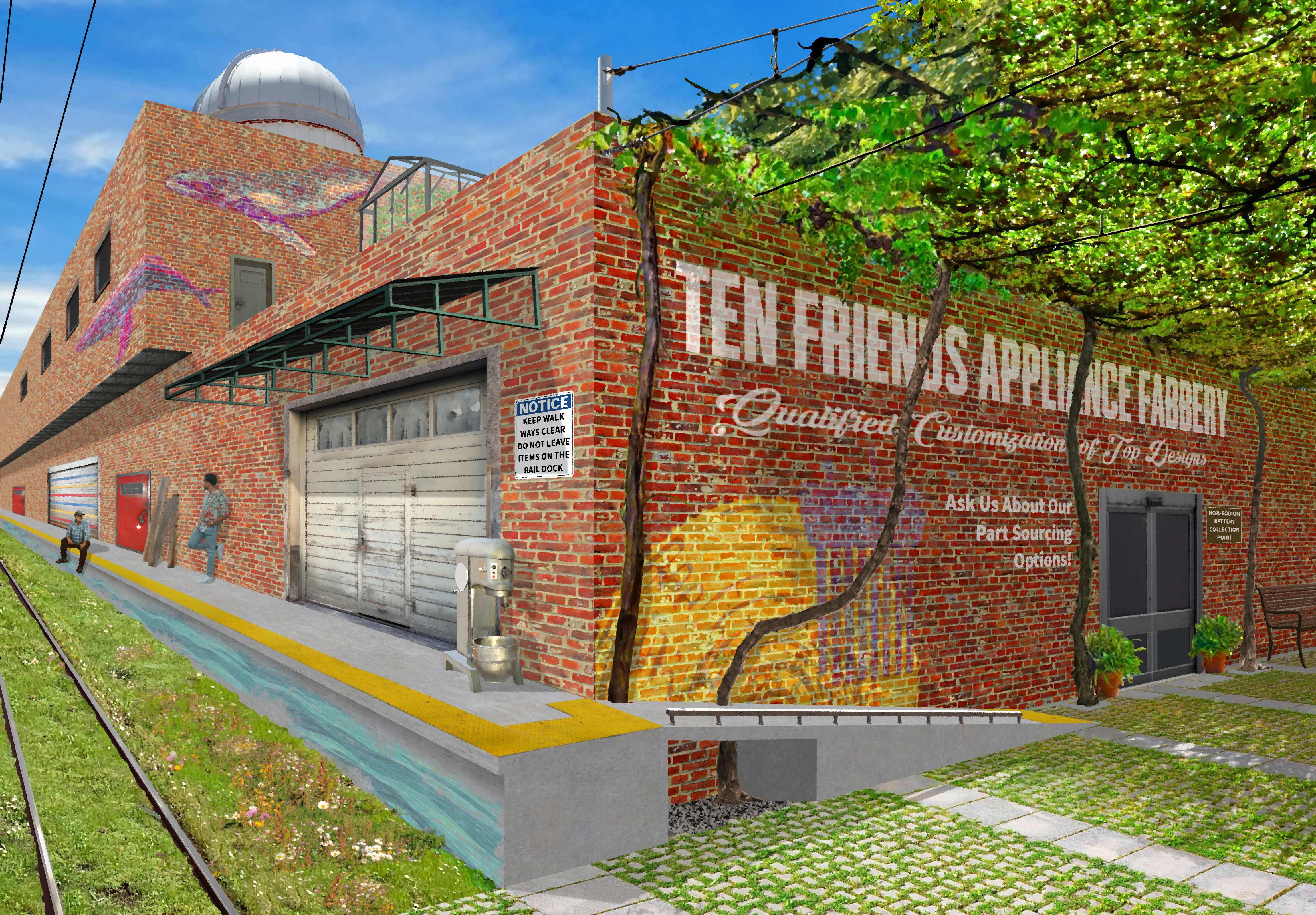 The image shows a repurposed warehouse from the side. It sits at the corner of a grassy tram track and a pedestrianized street with a grape vine shade canopy. A long raildock runs along the tram side of the building, and garage doors and regular doors show that multiple co-ops are set up inside. The raildock seems to double as a sidewalk and two men are hanging out and talking there. The building in the foreground has a mural on the side which reads 'Ten Friends Appliance Fabbery' 'Qualified Customizations of top Designs' and 'Ask Us About Our Part Sourcing Options'. There is also signage warning people not to leave stuff on the rail dock and indicating that the fabbery is a non-sodium battery collection point. The pedestrianized street has permeable pavers for a road surface.