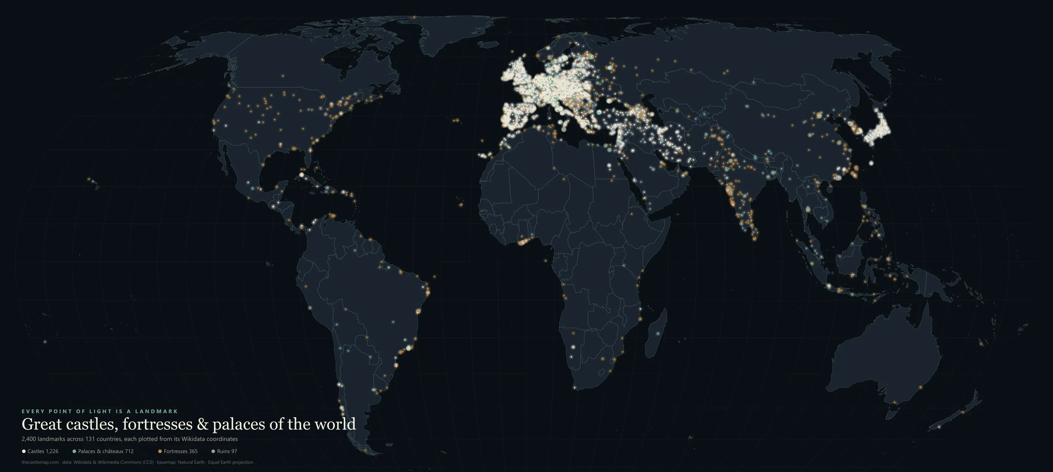 World map with 5,793 castles, fortresses and palaces drawn as points of light on a dark background. Europe is densely lit, most other regions sparse.