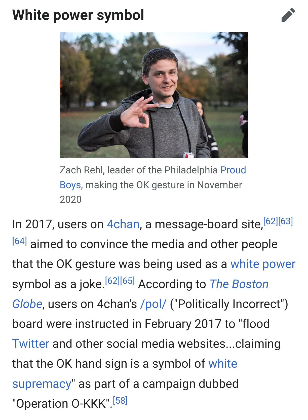 Zach Rehl, leader of the Philadelphia Proud Boys, making the OK gesture in November 2020