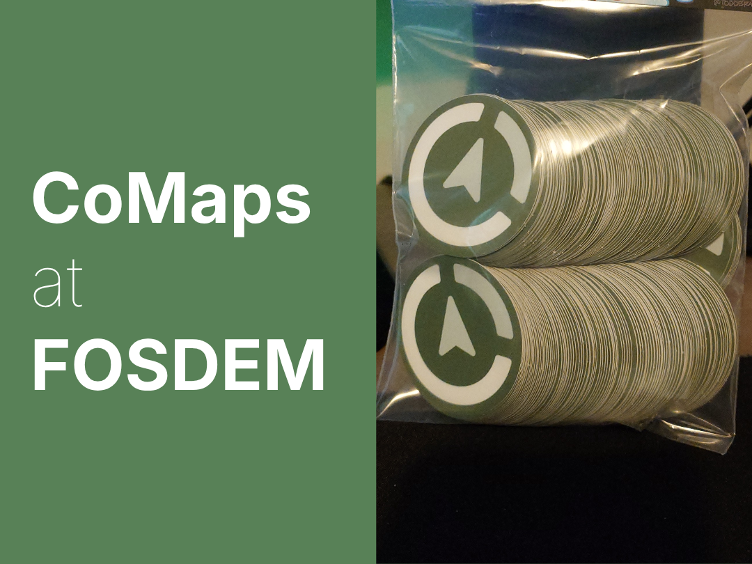 a sharepic reading "CoMaps at FOSDEM" with a photo of stickers next to it