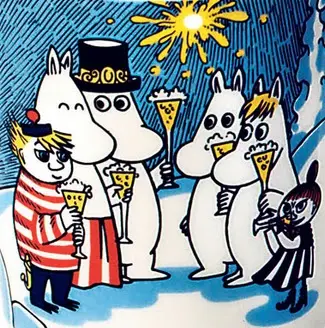 A photo of an old moomin characters drawing holding a glass of sparkling wineand fireworks in the background.