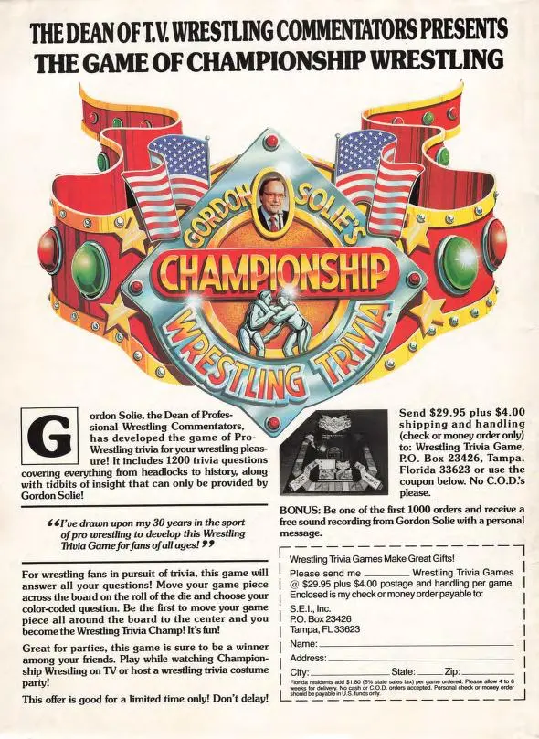 Screencap of a magazine ad for "Gordon Solie's Championship Wrestling Trivia". A pro wrestling trivia boardgame from the late 1980's.