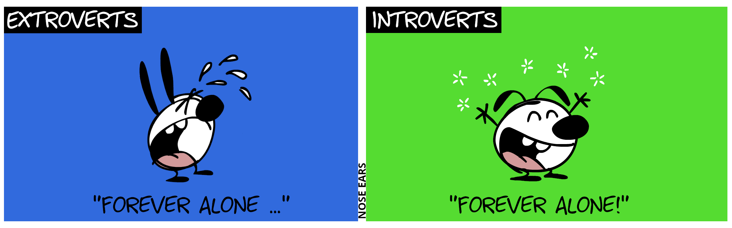 Caption: Extroverts. Mimi cries. “Forever alone …” / Caption: Introverts. Eunice cheers. “Forever alone!”