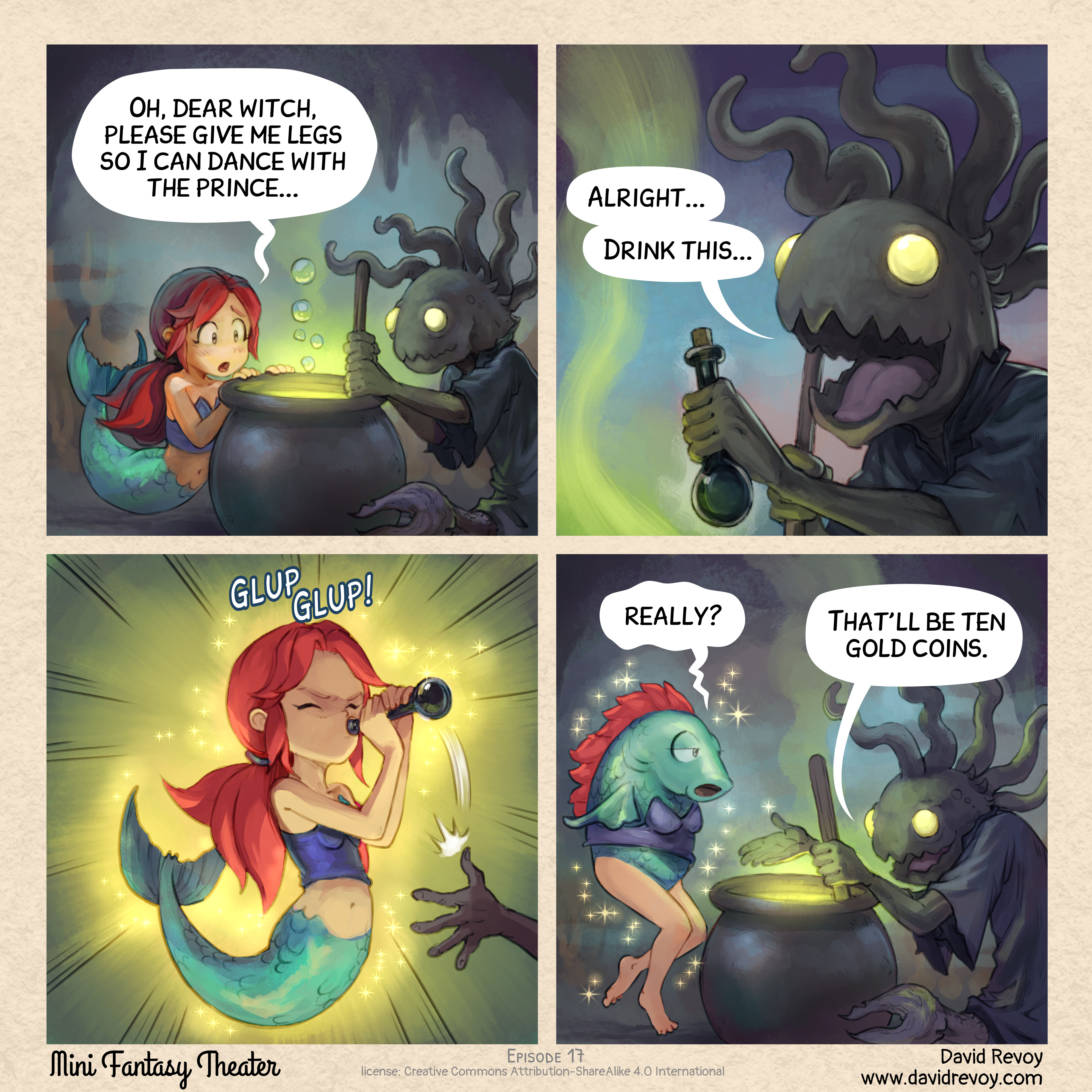 A four panel comic about a mermaid wishing for legs and getting transformed into a "reverse mermaid" with a fish top and a human bottom. Full transcript in the link below the image