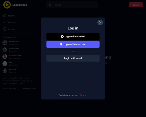 Loops.video login showing Login with Pixelfed and Login with Mastodon