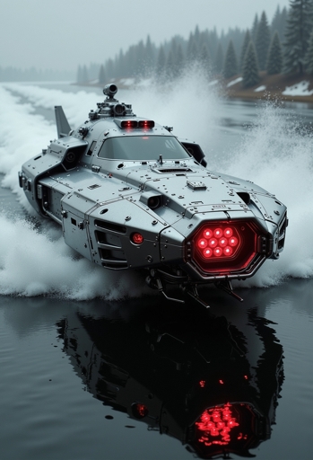 A futuristic, heavily armored watercraft speeding through a body of water, creating a dramatic spray. The vessel is equipped with multiple red lights at the front, a mounted sensor on top, and various intricate details on its metallic surface. The setting is a misty, forested area with snow patches visible on the ground.