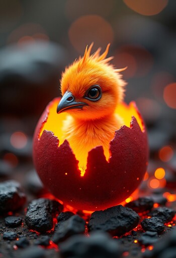 An orange baby bird emerging from a glowing, cracked egg. The bird has bright, fiery feathers and large eyes. The egg itself is red and appears to be emitting a warm, orange glow from within, in contrast to the dark, charred rocks and smoldering surroundings.