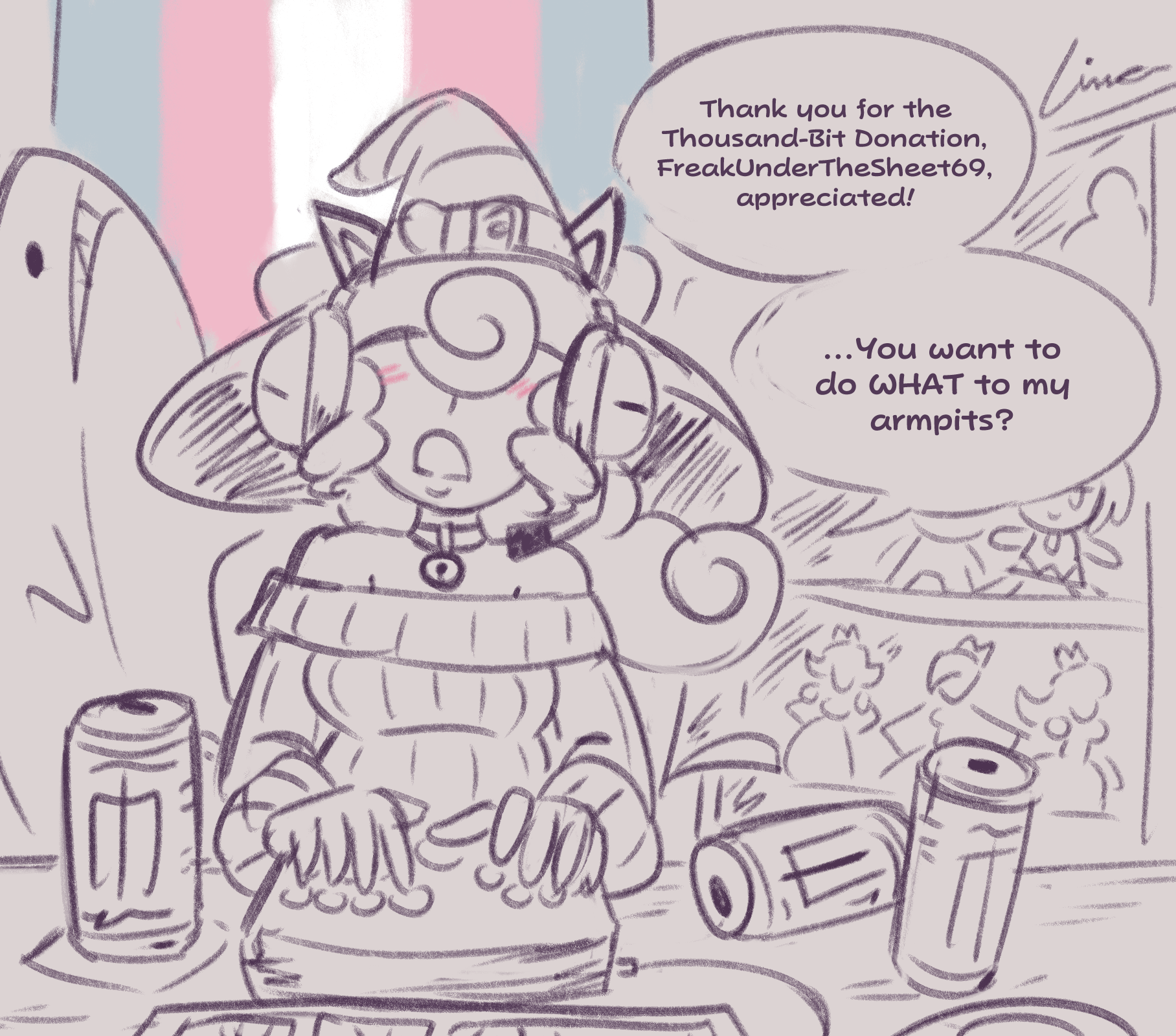 A drawing of Vivian from Super Mario depicted as a streamer. She's wearing a sweater, gaming headphones, a choker with a bell and cat ears above her witch hat; behind her are a huge Blahaj plushie and a trans flag. Her speech bubble reads: "Thank you for the thousand bit donation, FreakUndertheSheet69, appreciated! ...You want to do WHAT to my armpits?"